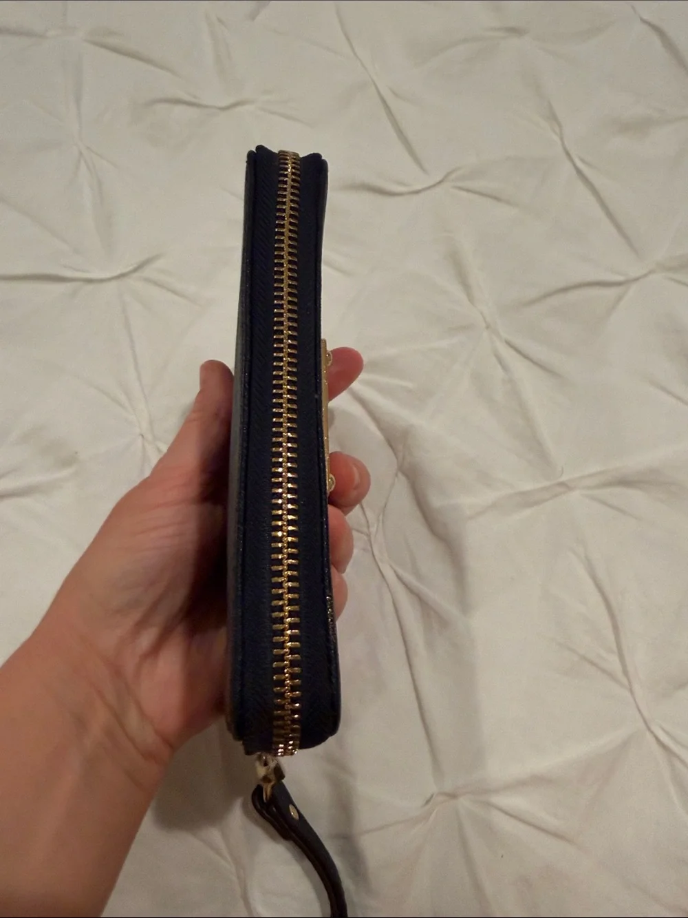 Michael Kors Blue Leather Zip Wristlet with Gold Plaque
